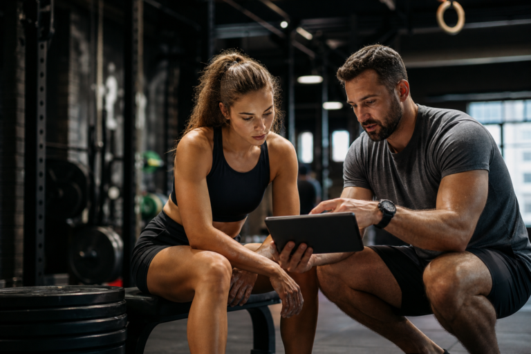 fitness coach and woman discussing a competition training plan on a tablet in a gym.
