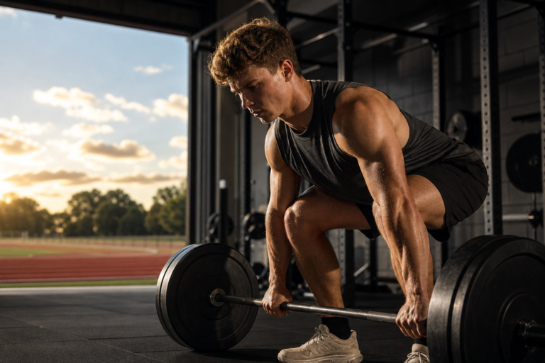 young man lifting barbell, focused on his online strength and power program in a gym.