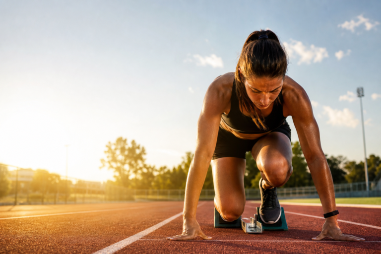 female runner in starting blocks on a track, ready for summer competition training.