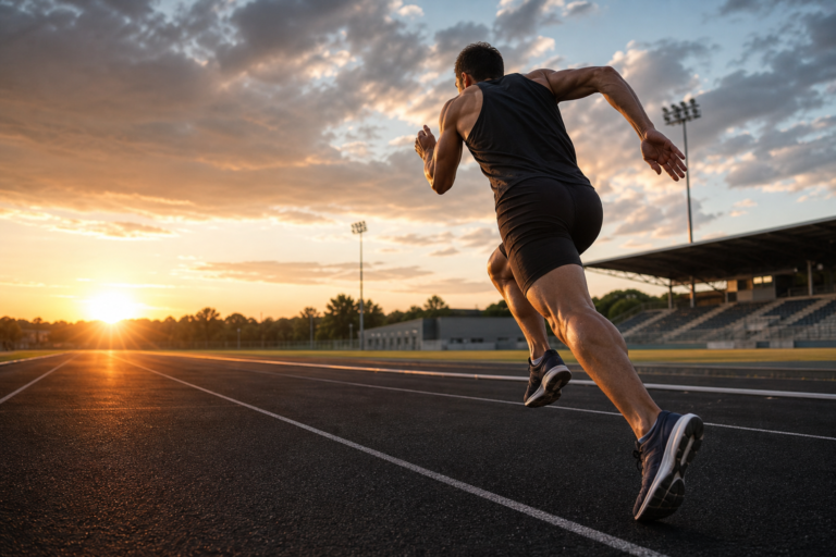 runner on a track at sunset, demonstrating peak july athletic performance.