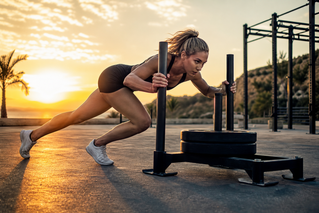 athletic woman pushing heavy sled outdoors at sunset, maintaining athletic power in summer.