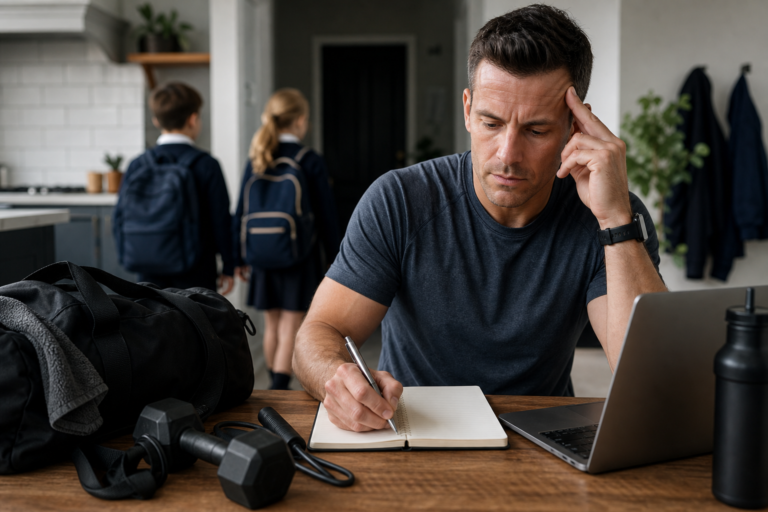 man planning workout in notebook with gym bag and weights on desk, kids in background, illustrating busy schedule training.