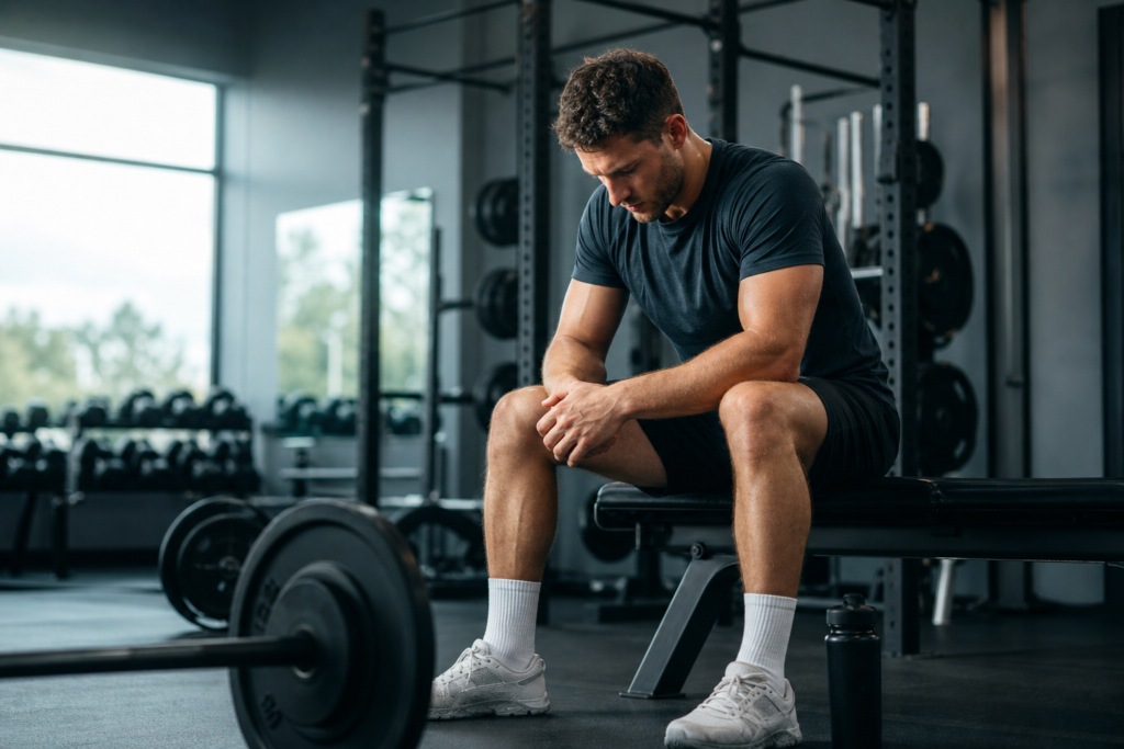 man in black t-shirt and shorts resting on a gym bench, planning to return to training safely.