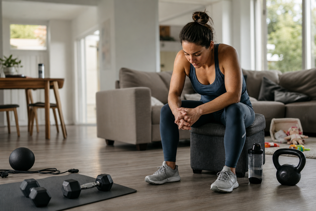 tired woman in athletic wear resting after a busy parent fitness routine with weights nearby.