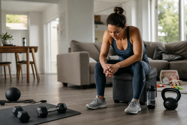 tired woman in athletic wear resting after a busy parent fitness routine with weights nearby.