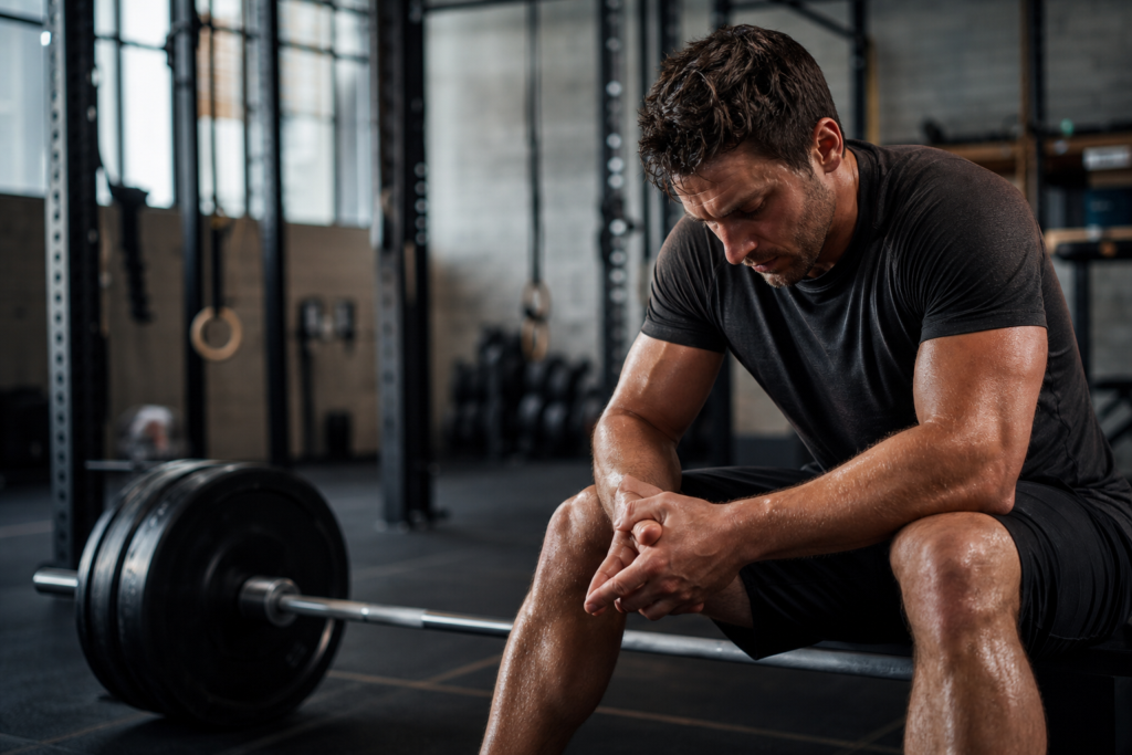 sweaty muscular man resting in a gym, contemplating how to return to intense training safely.