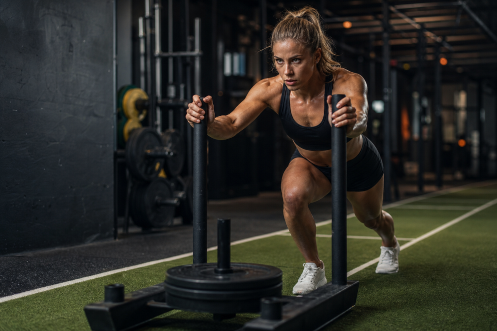 athletic woman pushing a weight sled across turf, perfect for intense august training blocks.