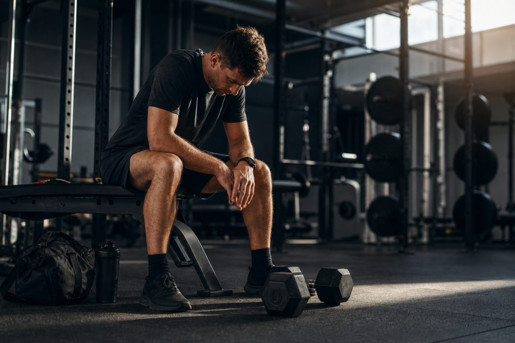 male in grey athletic wear sitting on a bench in a gym, contemplating how to return to training safely.