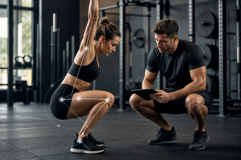 woman squatting with movement quality assessment overlay and male trainer observing on tablet.
