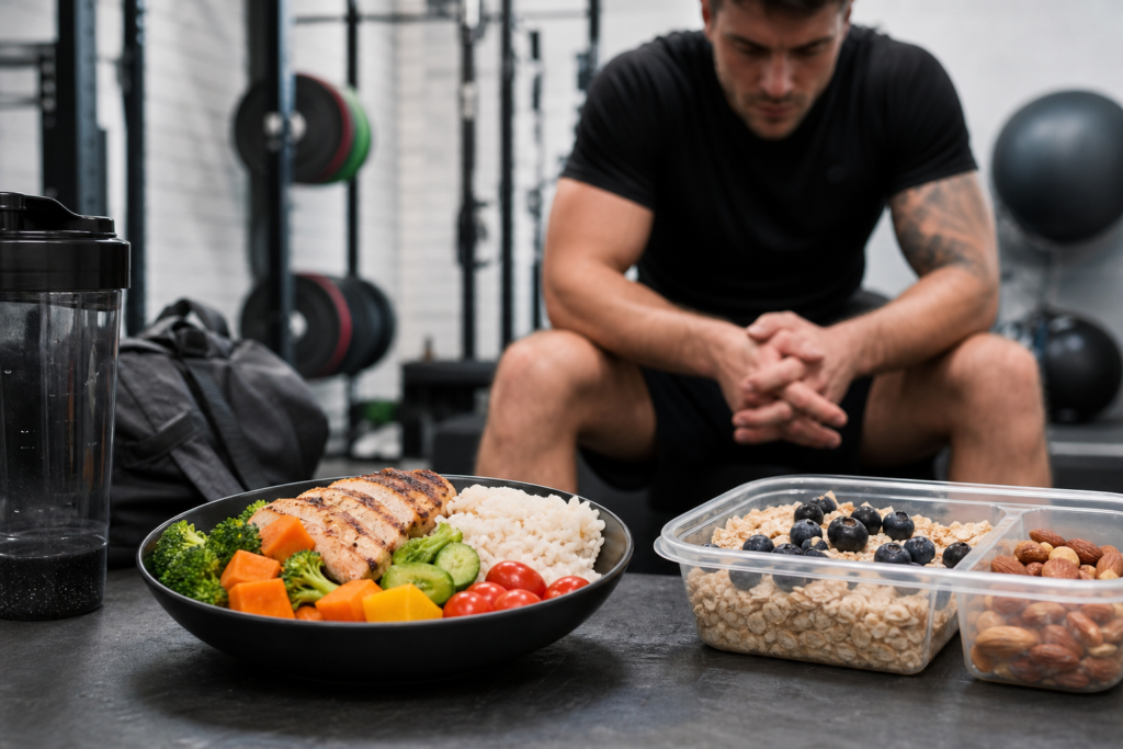 athlete with healthy meals, focusing on nutrition timing high intensity workouts and recovery.