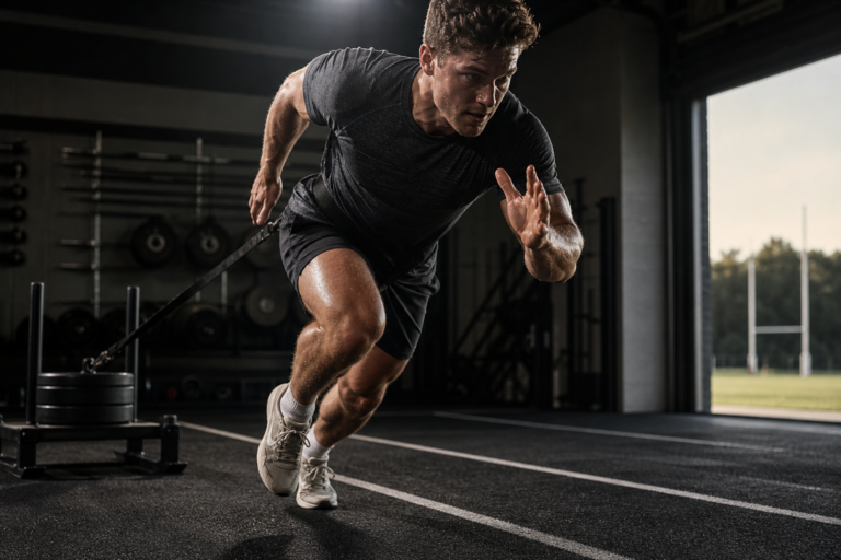 male athlete sprinting with a sled for power development training periodization in a gym.