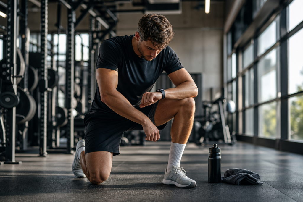 man in gym checking watch during post-summer training recovery with water bottle