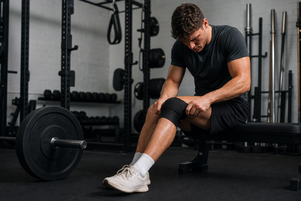 man adjusting knee wrap at the gym, focusing on injury prevention august.