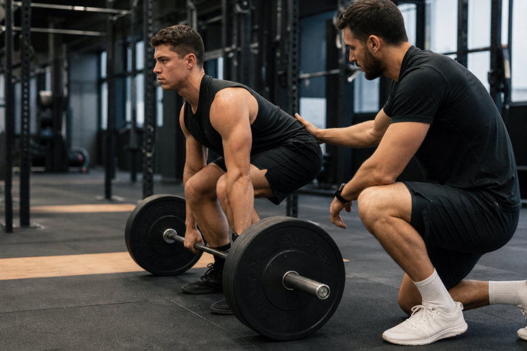 trainer spotting man doing deadlift in gym, demonstrating injury prevention training patterns.
