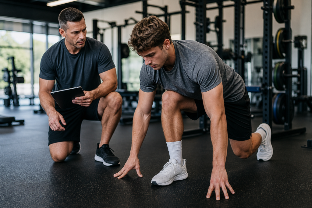 personal trainer guides athlete in lunge position, scaling training intensity safely.