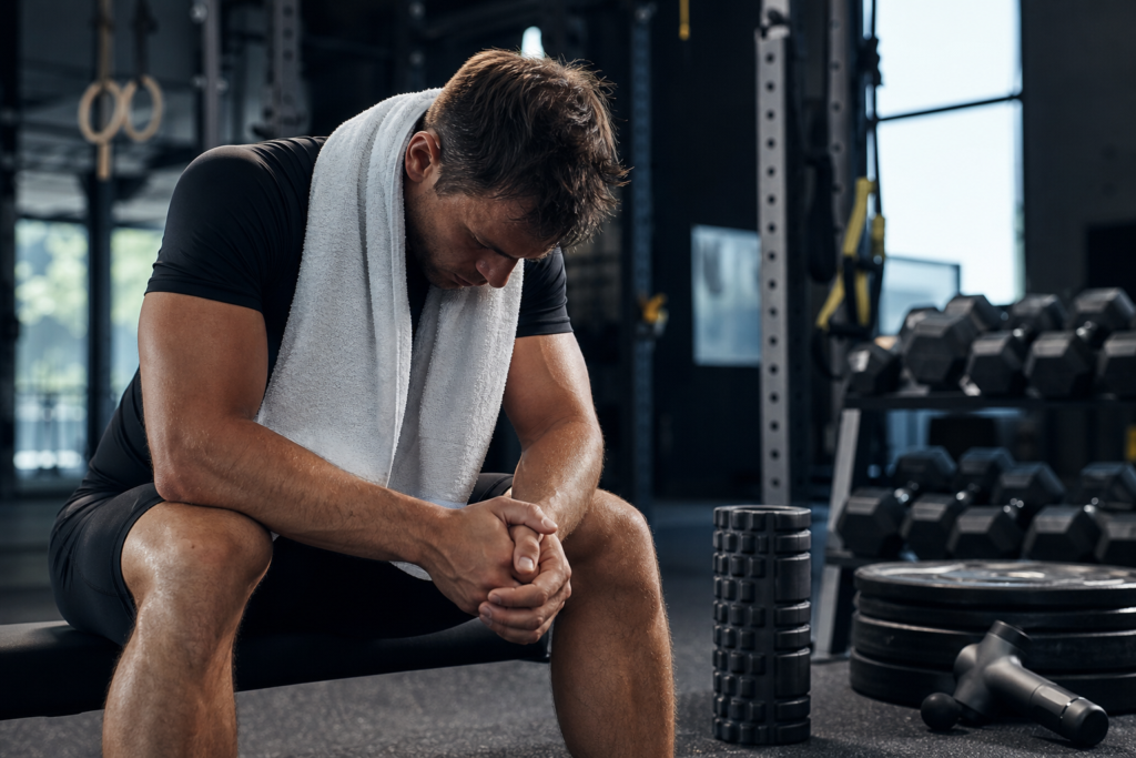 tired athlete with towel and recovery tools like foam roller, emphasizing athlete recovery strategies.