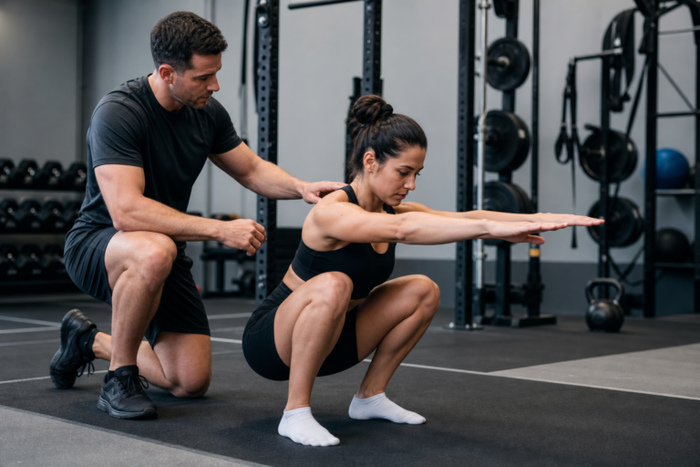 personal trainer assisting a woman with a squat for movement quality assessment in a gym.