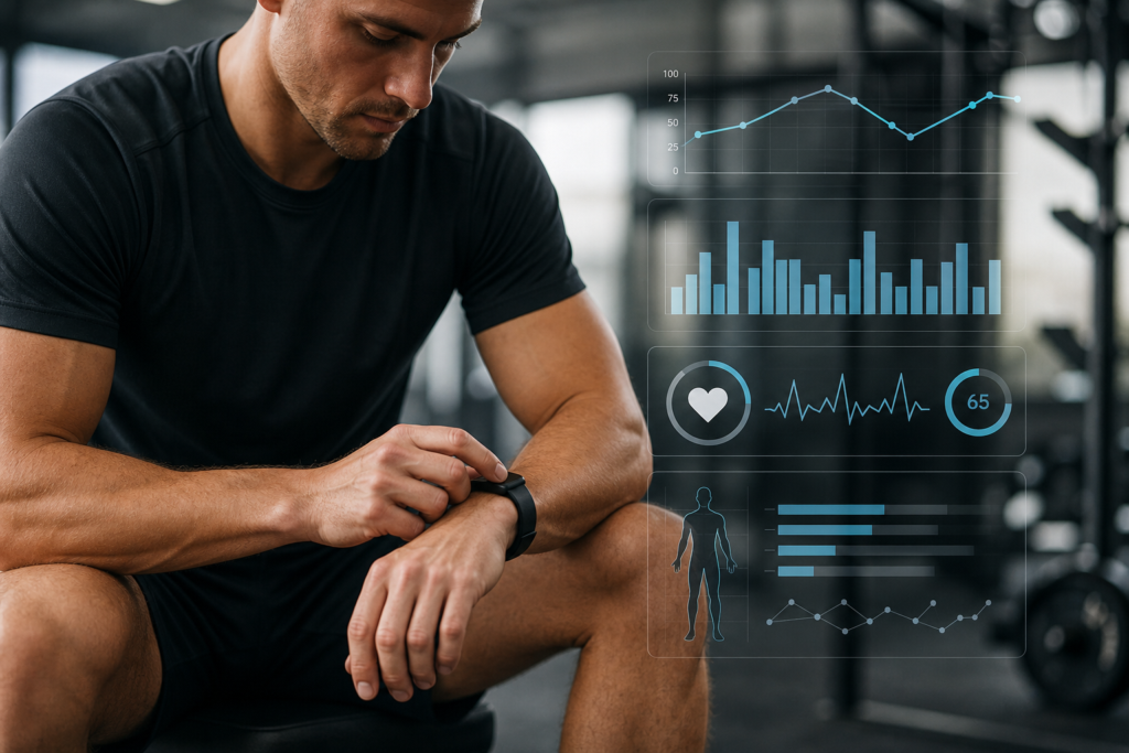 man in gym using a smartwatch for wearable technology recovery tracking, with holographic health data overlays.