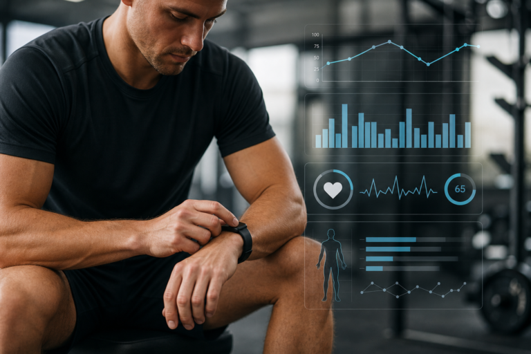 man in gym using a smartwatch for wearable technology recovery tracking, with holographic health data overlays.