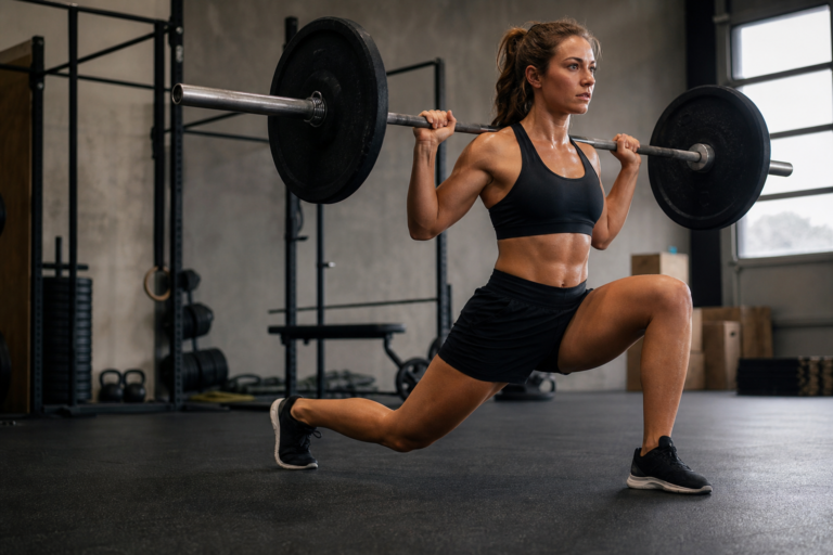 sweaty female athlete lunging with barbell, part of a challenging athlete comeback training plan in a gym.