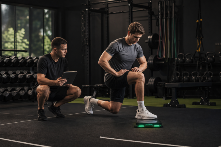 coach observing athlete performing lunge on glowing platform for return to performance training data.