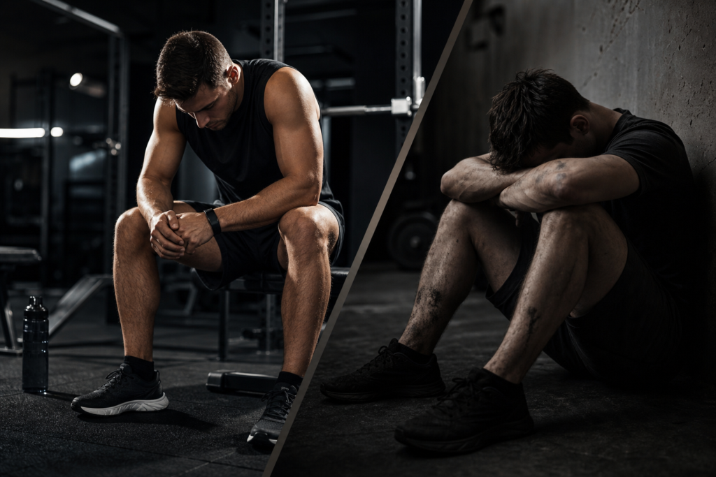 athlete sitting tired in gym next to exhausted man slumped on floor, illustrating athletic fatigue vs overtraining.