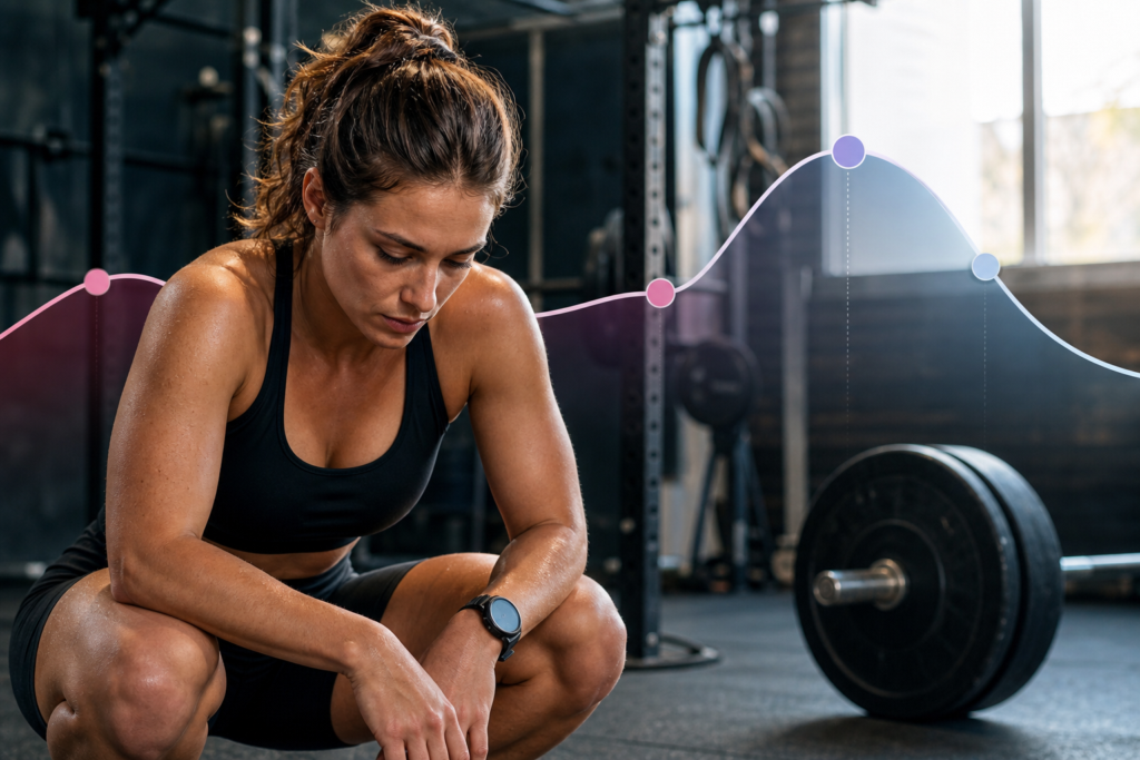 sweaty woman resting in gym, illustrating hormonal cycle training women with a data curve overlay.