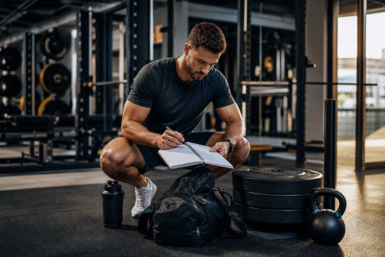 athletic man squatting, writing in notebook in gym, planning to maintain training intensity schedule changes.