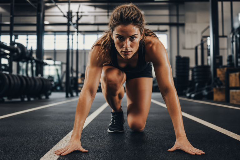 athletic woman in starting block stance, ready for competition block periodization training.