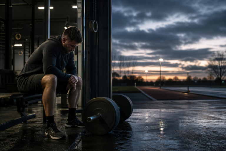 man resting on a weight bench outdoors at dusk, considering seasonal training recovery protocols.